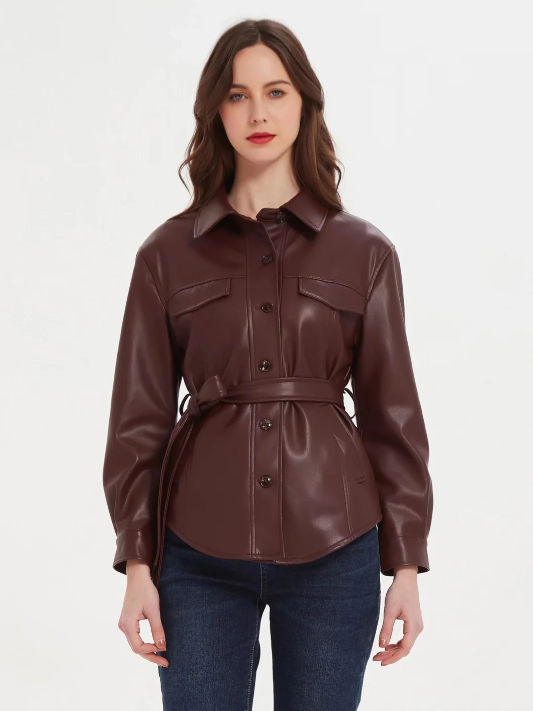 Fashion Brown PU Leather Blouse Oversized Pocket Cotton Female Casual Outerwear Jacket Shirt