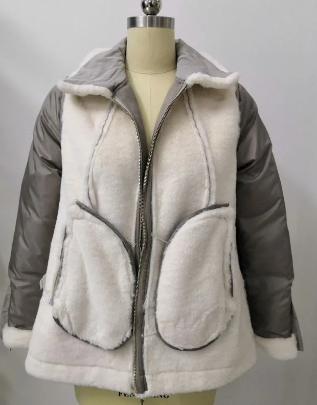 Ladies Loose Fashion Puffer Jacker with Sheepskins Combined Design Outerwear Winter Coat