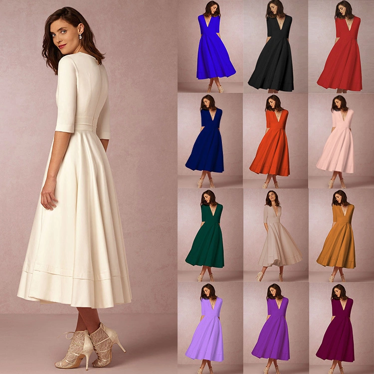 Women′ S Sexy Deep V MIDI Sleeve Dress New MIDI Long Irregular Princess Evening Dresses