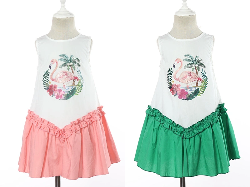 Sleeveless Casual Clothes Flamingo Prints Cute Summer Cotton Dresses for Kids Girl