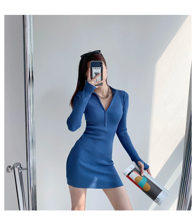 2022 Round Neck Zipper Bodycon Mini Sweater Dress