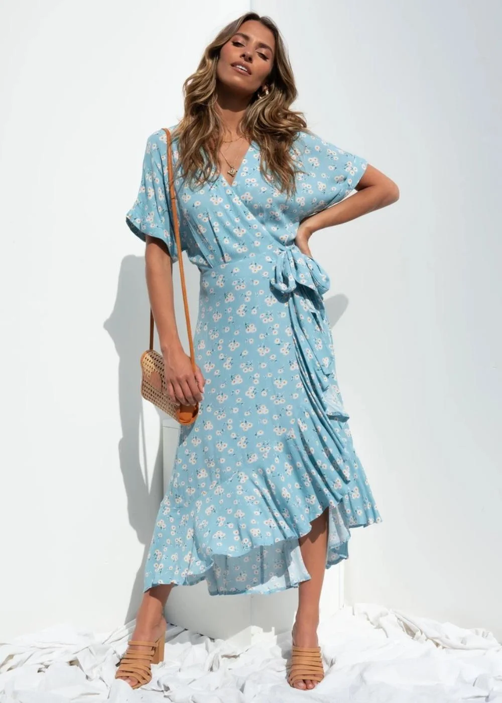 Women′s Printed Holiday Beach Slit Maxi Dress V Neck Short Sleeved Dress