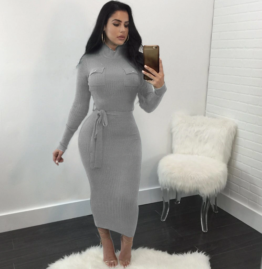 Winter Casual Women Long Sleeve Knitting Maxi Bodycon Dresses