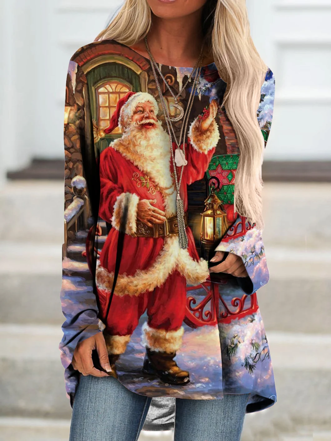 Wholesale Christmas Pullover MID-Length Sweater Skirt Snowman Digital Printing Pocket Dress Women