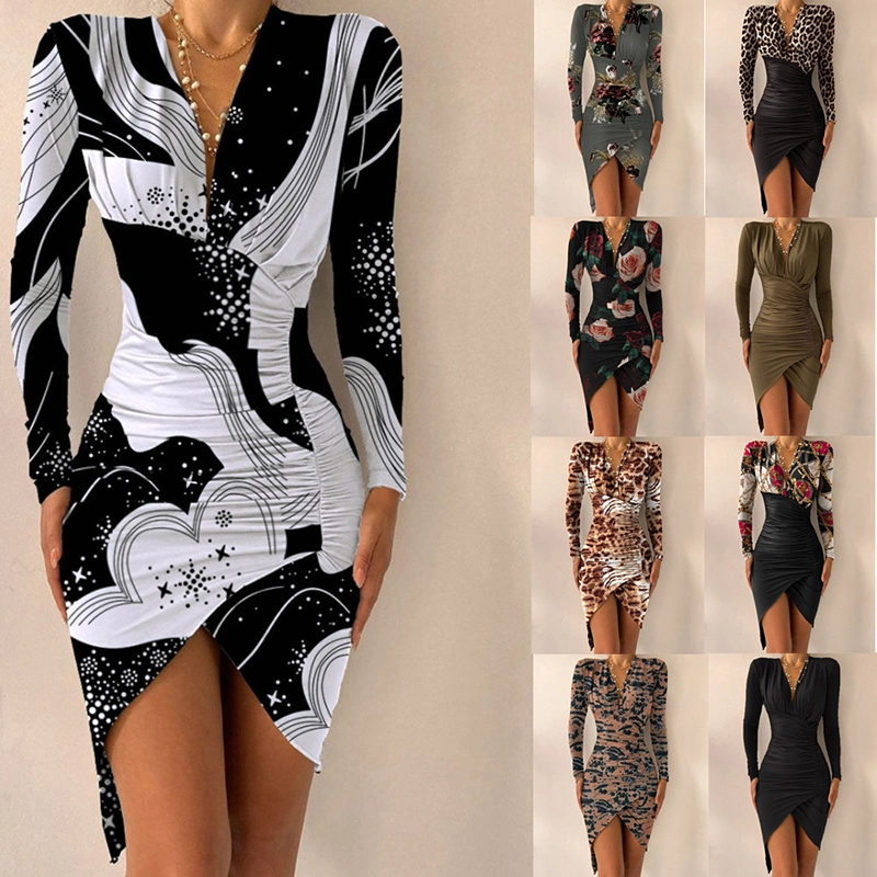 Fashion Sexy Party Lady Dress Fall Leopard Print Long Sleeves V Neck Slim Bodycon Split Dress Elegant 2022 Spring Women Dresses