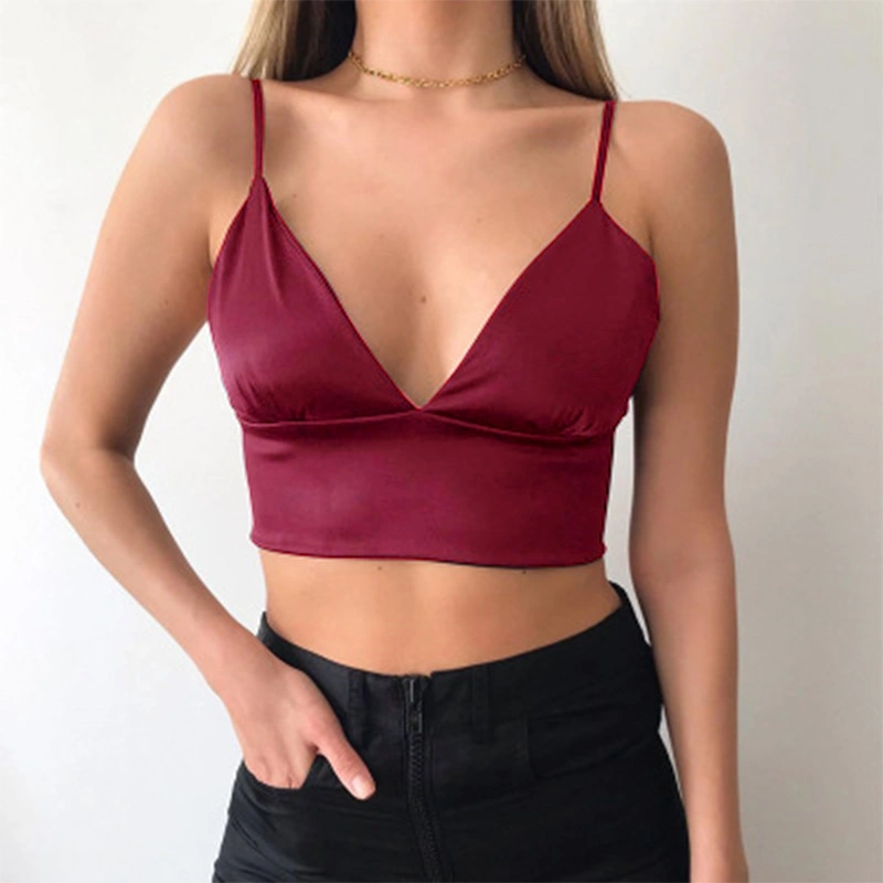 2022 V Neck Satin Crop Top Camisole Tank Top